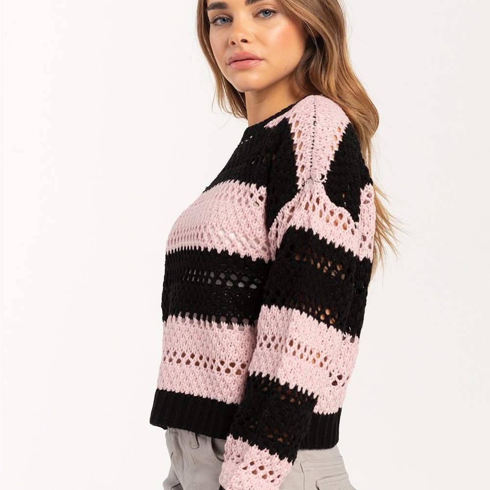 Full Tilt Black and Pink Crew Neck Sweater with Stripes